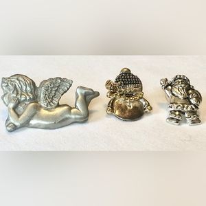 3 silver tone pins: Angel, snowman, and Santa